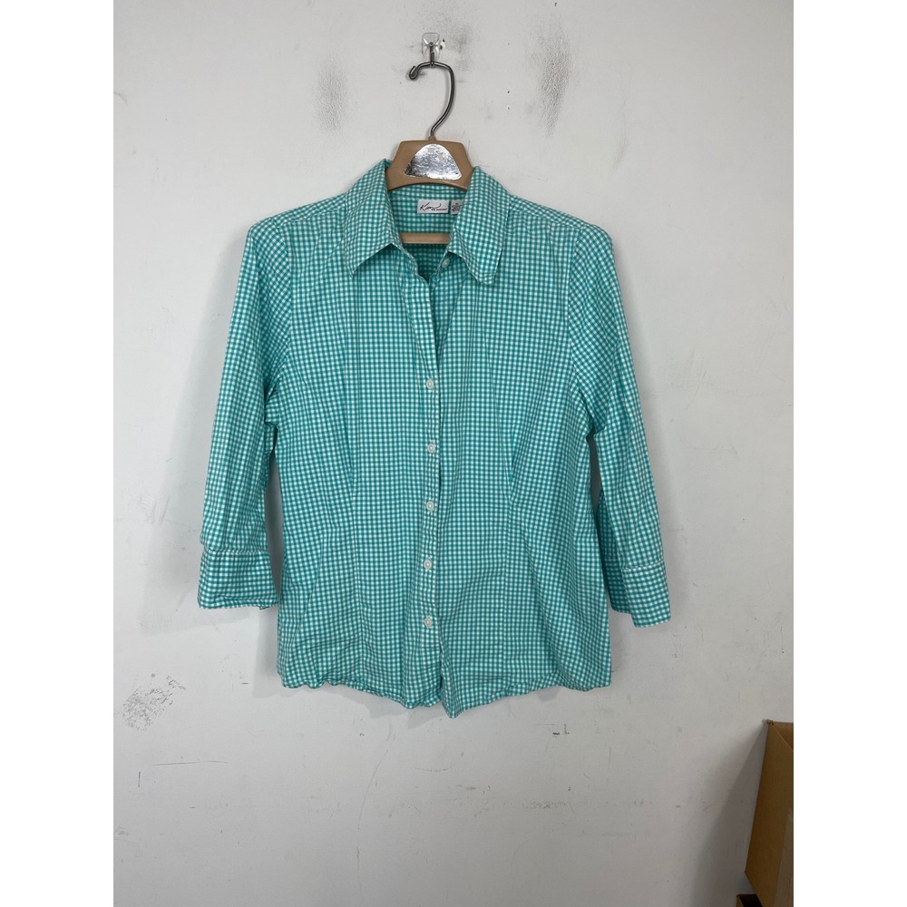 Kim Rogers Women XL Teal Gingham Check 3/4 Sleeve Button Down Shirt Cotton Blend